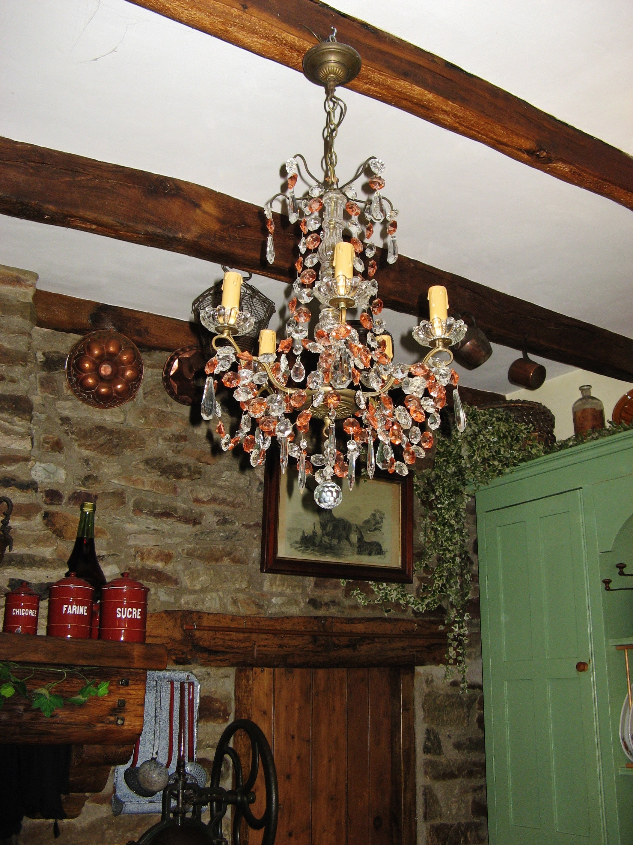 A Beautiful Vintage Français 5 Arm Crystal Chandelier Ceiling Light ~ Années 1940 - 1950