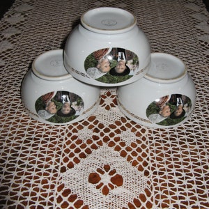 Three Vintage French Porcelain Cafe Au Lait / Coffee Bowls Depicting Traditional Bretagne Costume ~ Ty Briez Gourin  France ~1950&#39;s