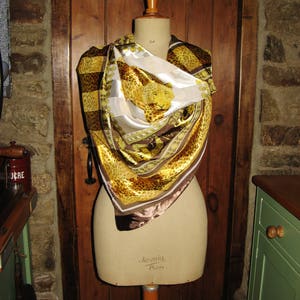 A Beautiful Large Vintage French Silky Polyester  Scarf / Foulard in  Brown Gold and White  ~ Leopard Design ~ Wall Art ~ Pre Worn