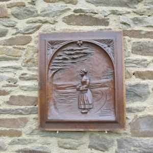 A Nice Vintage French Breton  Hand Carved Oak Folk Art  Panel With Breton  Woman Walking  In A Country Scene
