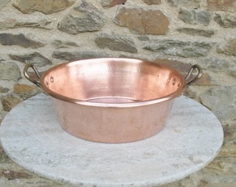 A Lovely Vintage  French Large Hammered Copper Jam Pan  / Preserve Pan With Bronze Handles Good Weight  3.1 KG