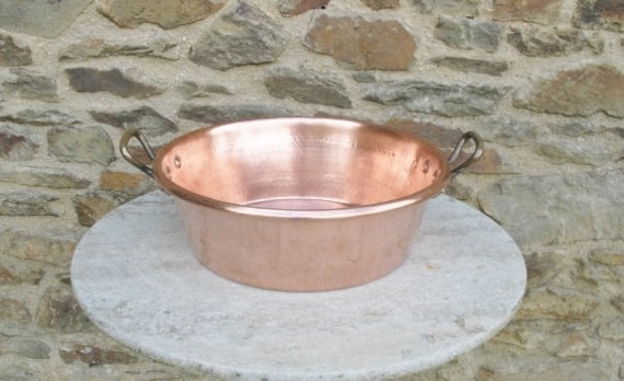 A Lovely Vintage  French Large Hammered Copper Jam Pan  / Preserve Pan With Bronze Handles Good Weight  3.1 KG
