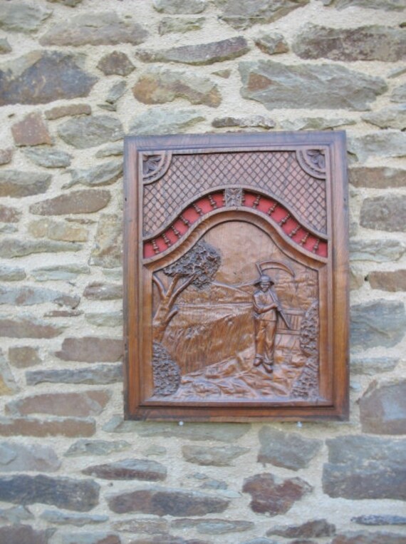 Un Très Beau Millésime Français L'art Populaire Breton Panneau de Chêne Sculpté à La Main d'un Homme