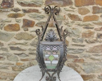 A Vintage French Chateau Metal Multi  Colored Glass Hall Hanging Lantern