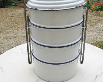 A Very Unusual Vintage French white Enamel  Lunch Set / Picnic Set Used For Taking Lunch To The Farm Workers In The Fields