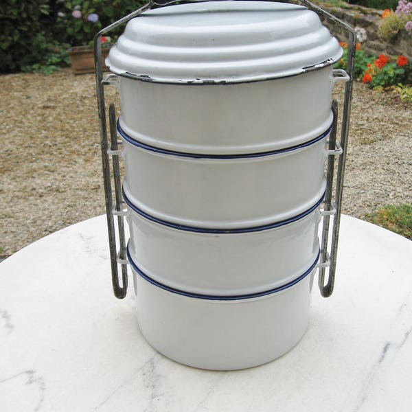 A Very Unusual Vintage French white Enamel  Lunch Set / Picnic Set Used For Taking Lunch To The Farm Workers In The Fields