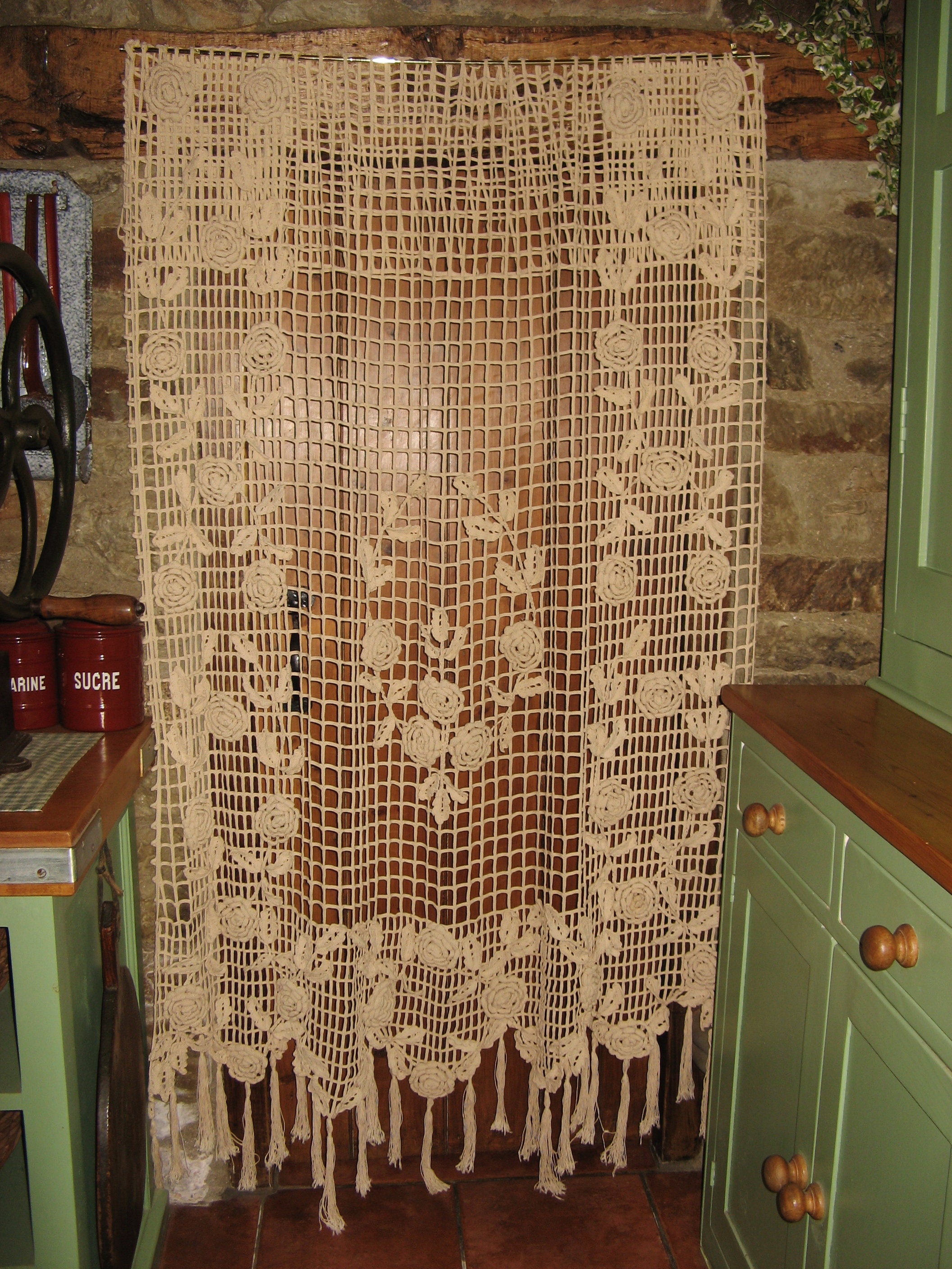 An Amazing Antique Français Grande Main Crochet/Travaillé Château Rideau Drape Couverture de Lit ~ C