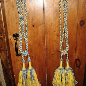 A Beautiful Pair of Vintage French Blue & Yellow  Coloured Curtain Tassel Tie Backs ~ Passementiere ~  Chateau Style ~ 1970&#39;s