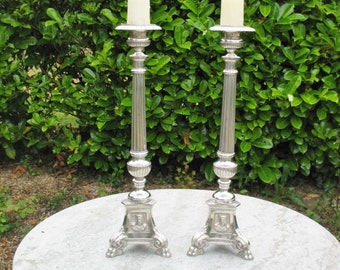 A Great Pair Of Vintage French Silver Plated Church , Chapel  Alter Religious Candle Sticks
