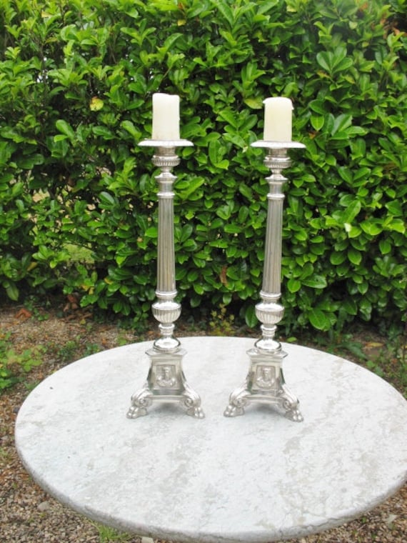 A Great Pair of Vintage French Silver Plated Church , Chapel Alter  Religious Candle Sticks 