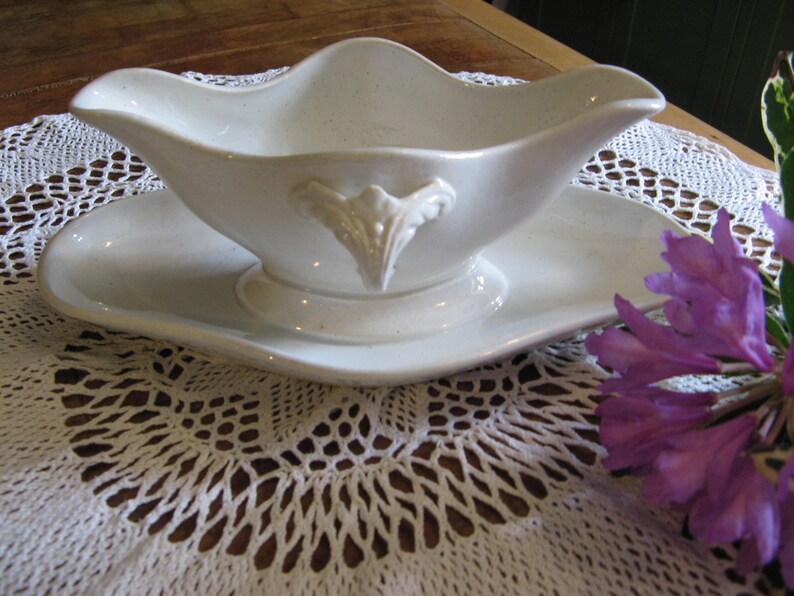 A Beautiful Antique French White Ironstone Sauce Boat Gravy Boat With Attached Saucer ~ 19th Century