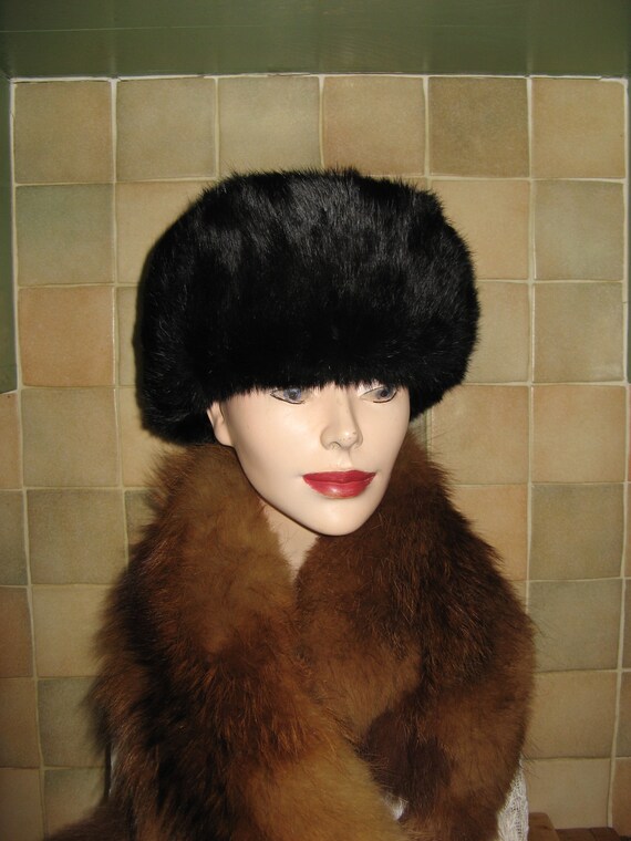 A Good Vintage French Unisex Black Rabbit Fur Hat / Ushanka