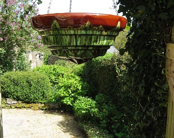 A Beautiful Antique French Faience Majolica Barbotine Hanging Planter / Up lighter  ~  1930&#39;s
