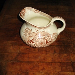 Antique Ironstone / Terre De Fer Jug / Pitcher ~ &quot;Boch Freres&quot;~ Brown & Cream Transfer Printed Pattern &quot;Jardiniere&quot; ~1800&#39;s