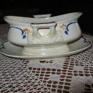 A Beautiful Vintage French &quot;HBCM&quot;  Ironstone Sauce Boat / Gravy Boat With Attached Saucer  ~  &quot;Hippolyte Boulanger Creil & Montereau&quot; ~ 1930