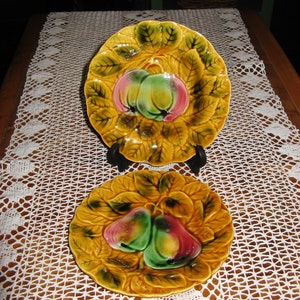 Pair Vintage French Sarreguemines Fruit Serving Plates ~ Apple & Pear ~ Majolica/Barbotine ~  1920&#39;s