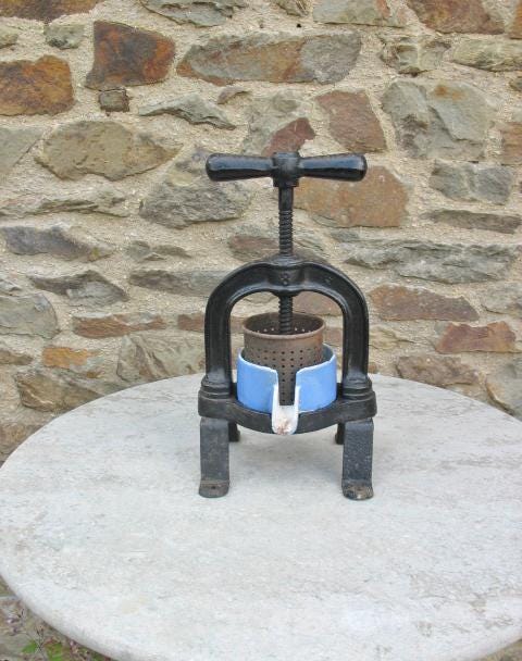 A Vintage French Cast Iron and Blue Enamel Fruit Press / Grape