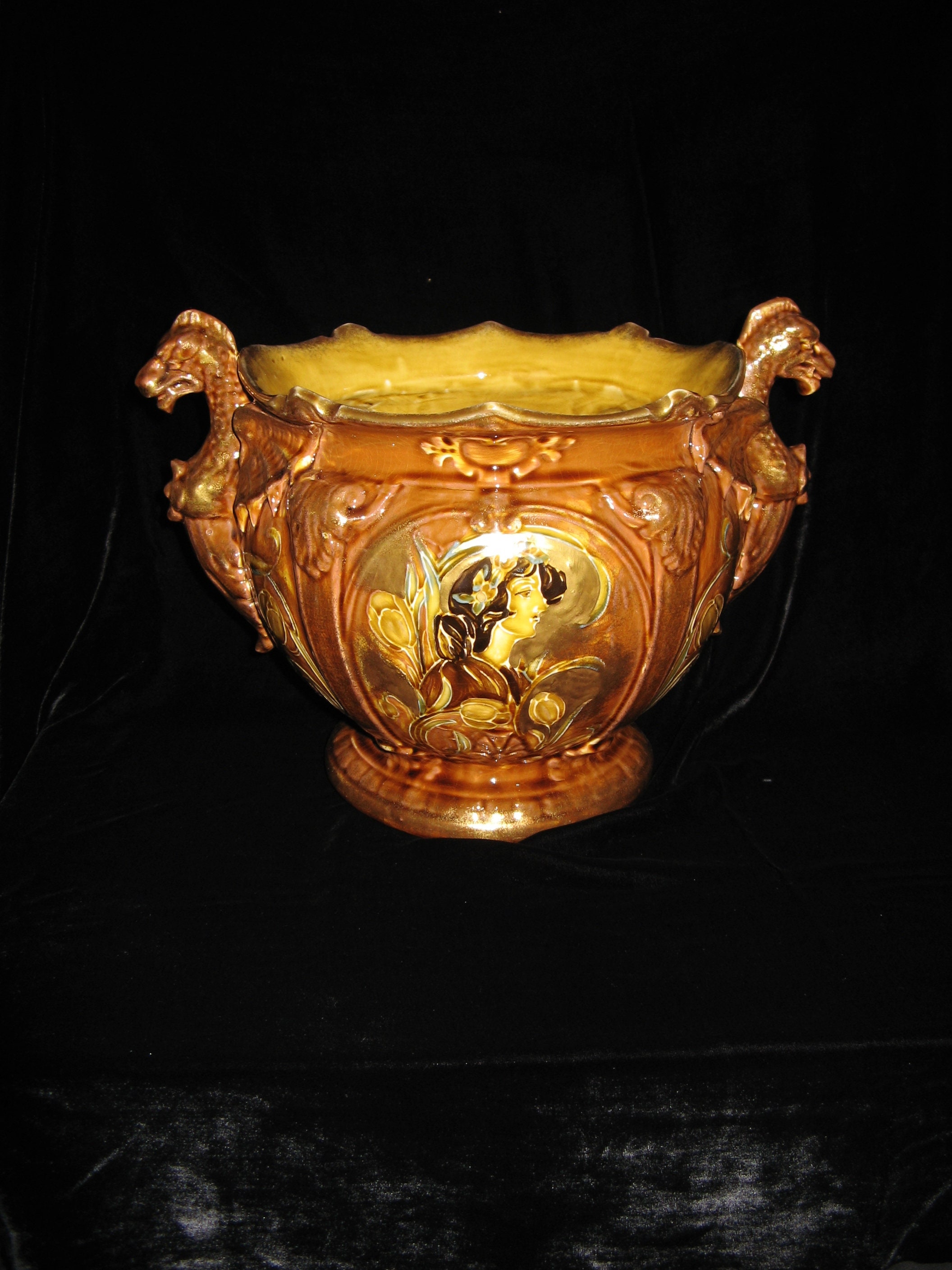 Antique Anglais Thomas Forester Tube Doublé Pheonix Ware Art Nouveau Jardiniere ~ Griffin Collection