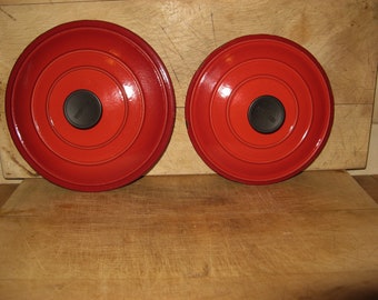 2 x Vintage French Cousances / Le Creuset Two Tone Red Cast Iron Enameled Saucepan Lids ~20 cm/18 cm  ~ Farmhouse Country Kitchen