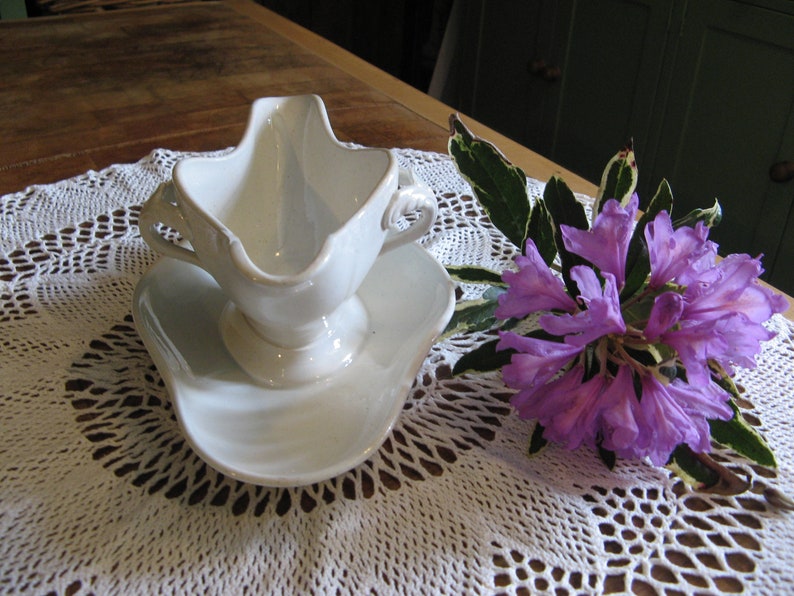 A Beautiful Antique French White Ironstone Sauce Boat Gravy Boat With Attached Saucer ~ 19th Century