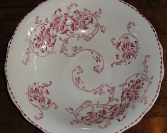 Antique French Ironstone  Wash Bowl / Salad Bowl / Flower Bowl ~ Pink & White Transfer Printed Pattern &quot;Azalee&quot; ~1800&#39;s