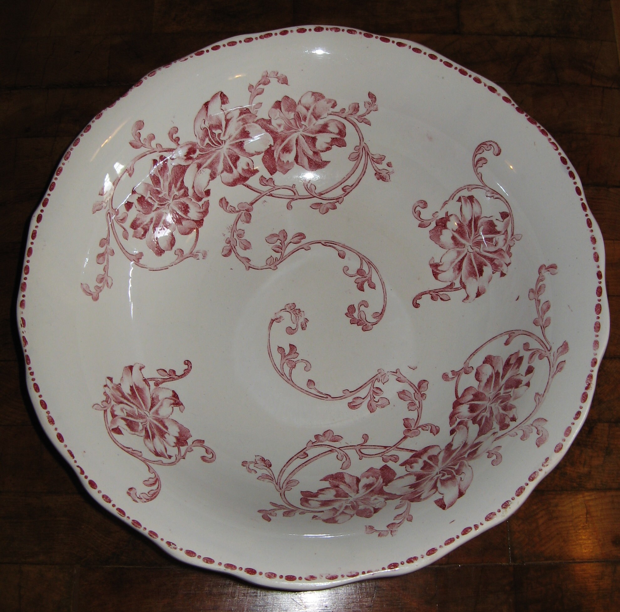 Antique Français Ironstone Wash Bowl/Salad Flower ~ Pink - White Transfer Imprimé Motif Azalee 1800'