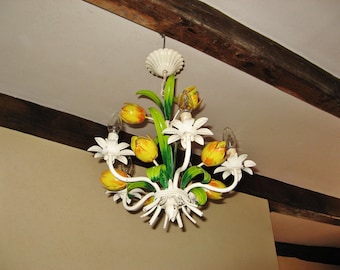 Lampadario vintage francese a 5 bracci in ceramica a tulipano