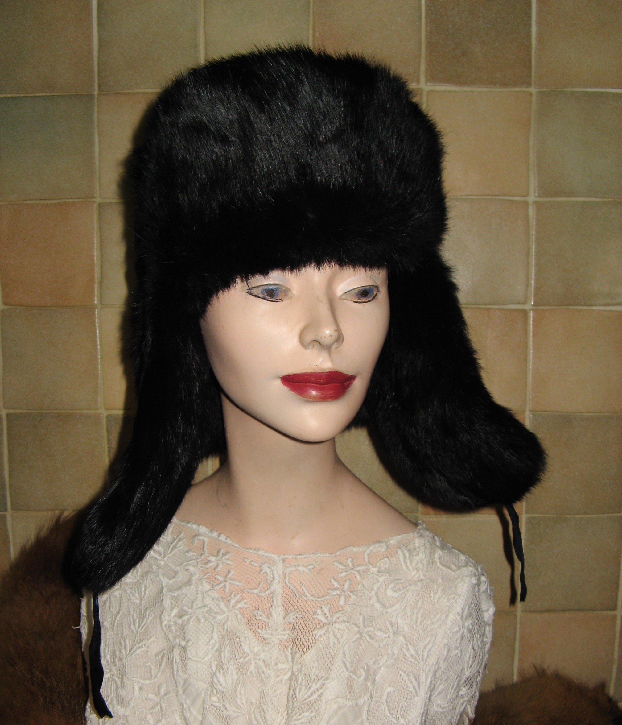 A Good Vintage French Unisex Black Rabbit Fur Hat / Ushanka