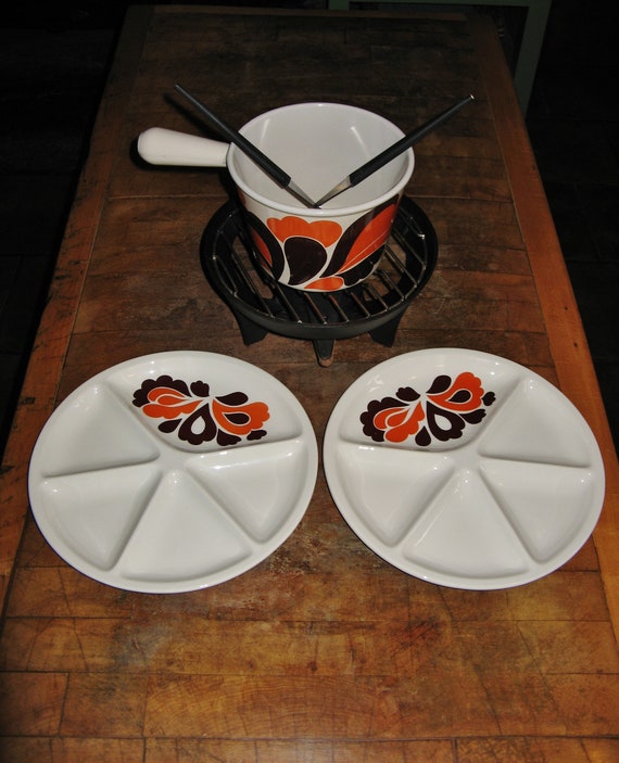 Service à Fondue Vintage Le Creuset Orange Années 70 en Fonte