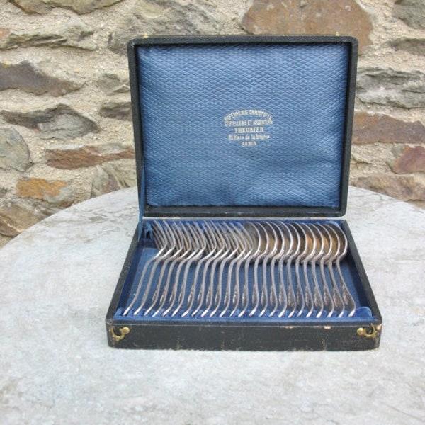 A Very Good  24 Piece Set Of French Vintage Silver Plate Cutlery Forks And Spoons By Christofle In Original Box