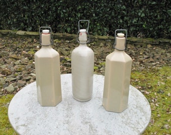 Three Nice Old French Cream Stoneware Bottles With Original Stoppers