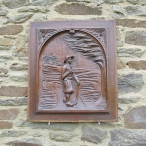 A Nice Vintage French Breton Hand Carved Oak Folk Art  Panel With Breton Man Walking  In A Country Scene