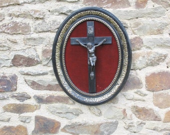 A Very Nice Vintage French Figure Of Christ on The Cross Mounted On Red Velvet In Its Original Black And Gold Frame