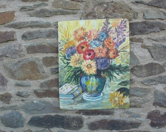 小さなヴィンテージ手描きの絵画、木製のボード上の花瓶に入った