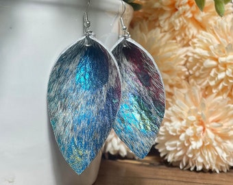 Boho Metallic Rainbow Leaf Leather Silver Earrings l Genuine Dangle l Hypoallergenic l Birthday Gift Nickel & Lead Free Wedding Bridesmaid