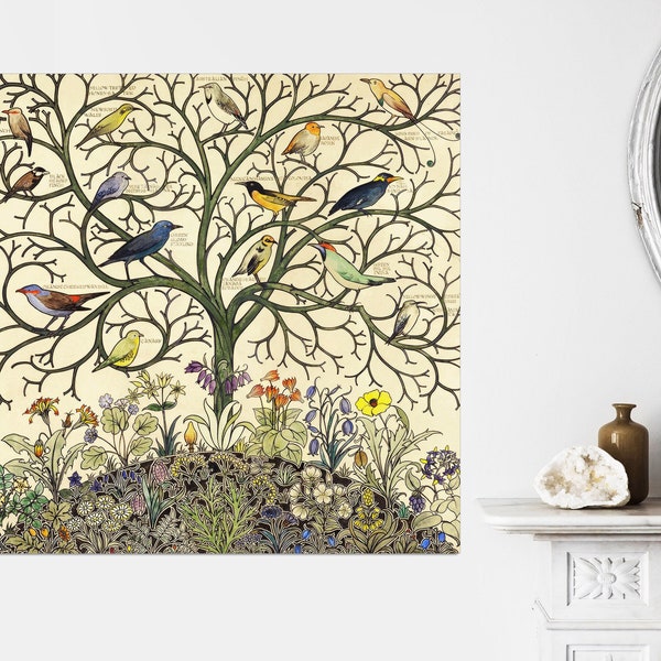 Songbirds Canvas Art Print, Tree of life, Tropical bird painting, Exotic birds, birds Wall Art, Vintage Bird Canvas Art Print READY TO HANG.