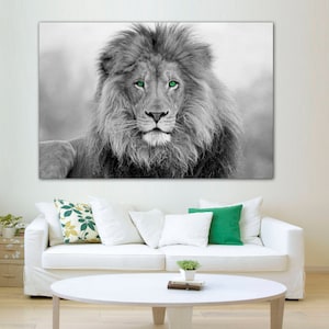 African Lion,  black and white lion print, Canvas Print.  Lion wall art, Green eyed lion, Wall art, Lion canvas print, large canvas