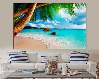 Tropical Beach Canvas Print, Palm Tree Seascape, Ready to Hang