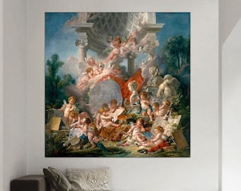 May include: A painting depicting a group of cherubs in a classical setting. The cherubs are dressed in white and are engaged in various activities, such as painting, drawing, and playing music. The painting is set against a backdrop of a cloudy sky and a lush green landscape.