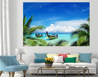 Tropical Beach Canvas Print: Palm Trees, Boats, Turquoise Water