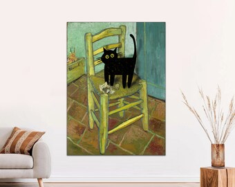 Van Gogh Black Cat Canvas Print, Funny Art Poster, Ready to Hang