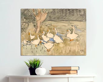 Vintage Duck Canvas Print, Antique Geese Watercolor, Nursery Wall Art