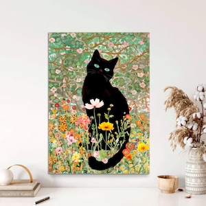 Black Cat Art Print in Klimt Style, Floral Cat Canvas Wall Decor, Unique Cat Gift, Nursery Wall Art, Kids Room decor, Canvas Ready to Hang