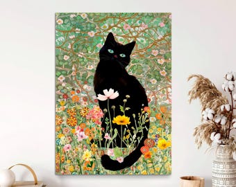Klimt Style Black Cat Canvas Print, Floral Nursery Wall Art, Ready to Hang