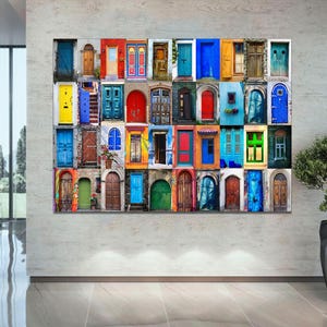 Doors of the World Canvas Print, Antique Colorful Old Doors Collage, Gallery Wrapped Wall Art, Ready to Hang, colorful Large Canvas Wall art