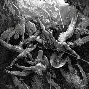 May include: A black and white illustration depicting a scene from the biblical story of the fall of Lucifer.  Angels with swords and shields are fighting against demons in the sky.  The scene is chaotic and dramatic.