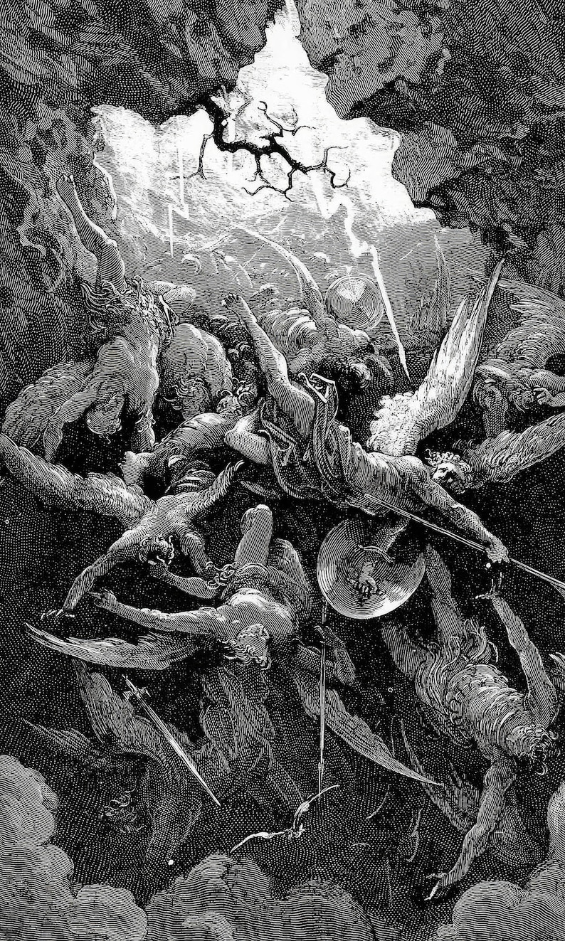 May include: A black and white illustration depicting a scene from the biblical story of the fall of Lucifer.  Angels with swords and shields are fighting against demons in the sky.  The scene is chaotic and dramatic.