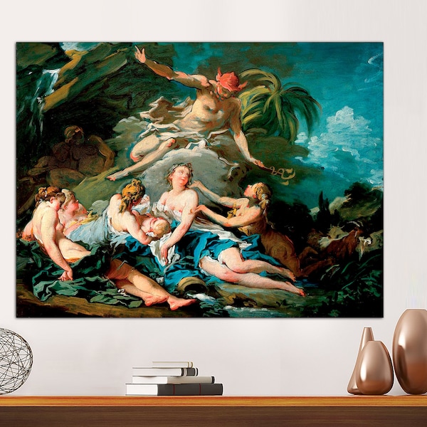 Mercury Confiding the Infant Bacchus to The Nymphs by Francois Boucher, Premium Canvas Print, Boucher Classic Canvas Wall Art Ready to Hang.