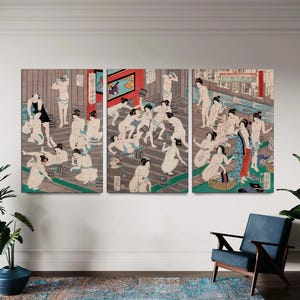 Japanese Art Canvas Print Set of 3, Public Bath by Utagawa Yoshiiku, Vintage Asian Large Triptych, Japanese Beauty Wall Decor Ready to Hang