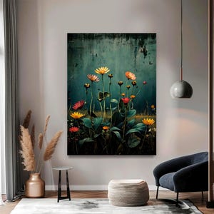 Wildflower Field Framed Wall Art, Vintage Botanical Landscape, Floral Decor, Modern Farmhouse Canvas Art, Field of Flowers Canvas Print